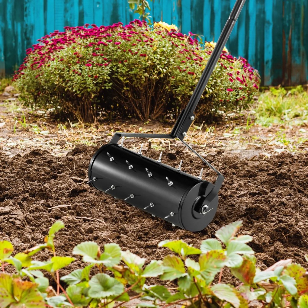 Rolo para Relva com arejador de relva com rolo de 44 cm Cabo amovível de 128 cm e dentes para jardim Preto
