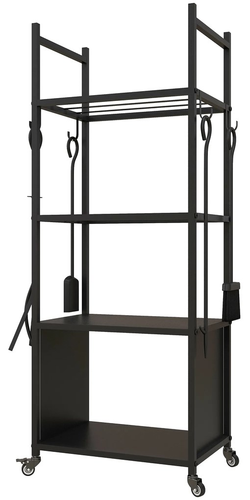 Outsunny Suporte para Lenha com Rodas de 4 Níveis com Pá Escova Atiçador e Tenaz para Interior e Exterior 45x30x118 cm Preto | Aosom Portugal