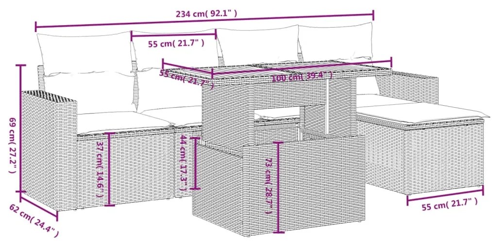 6 pcs conjunto sofás de jardim c/ almofadões vime PE preto