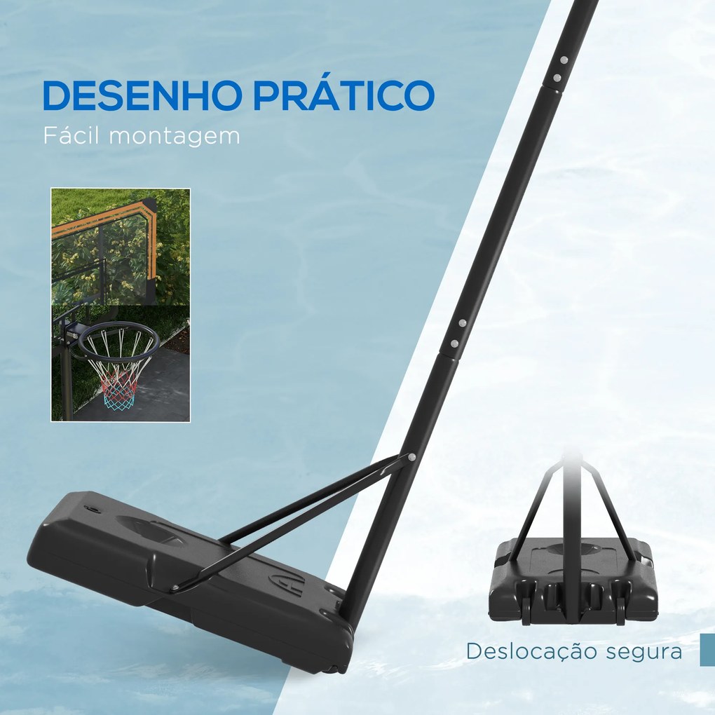 Cesto de Basquetebol de Exterior com Altura Ajustável 235-264 cm Suporte para Bola Rodas e Base Recarregável Preto