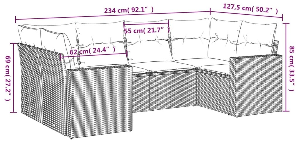 6 pcs conj. sofás jardim com almofadões vime PE cinzento-claro