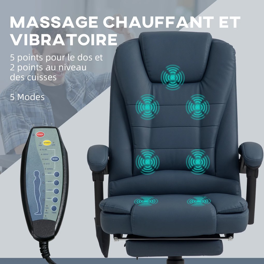 Cadeira de escritório com função de massagem, altura ajustável, encosto reclinável e comando com fio, azul
