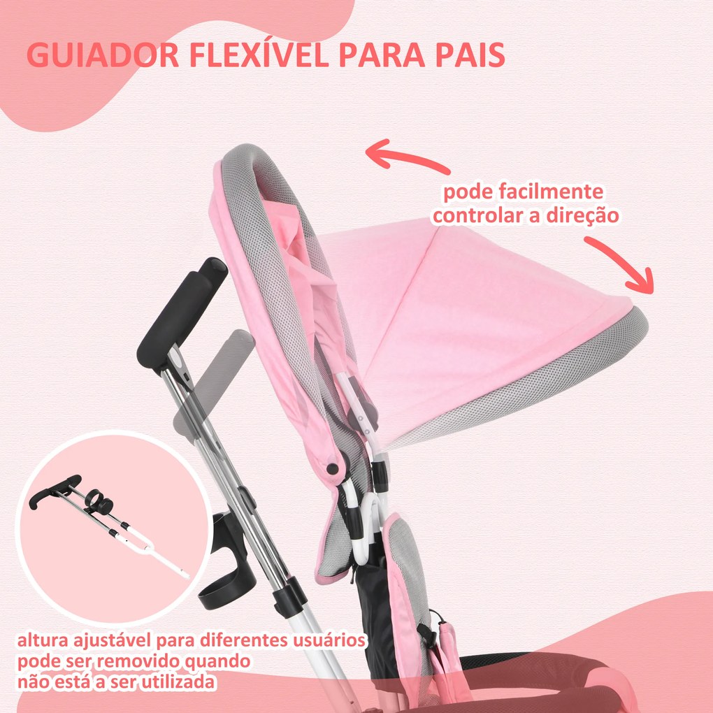 Triciclo Evolutivo para Bebés de +12 Meses 2 em 1 com Toldo Dobrável Guiador Cinto de Segurança e Cesto 95x50x106 cm Rosa