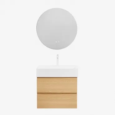 Conjunto De Móvel De Casa De Banho Em Madeira E Chapa De Freixo Com Lavatório Integrado Ona Madeira Natural & Redondo Led E - Sklum