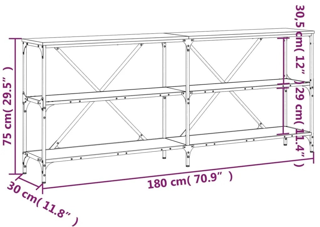 Mesa consola 180x30x75 cm derivados madeira/ferro cinza sonoma