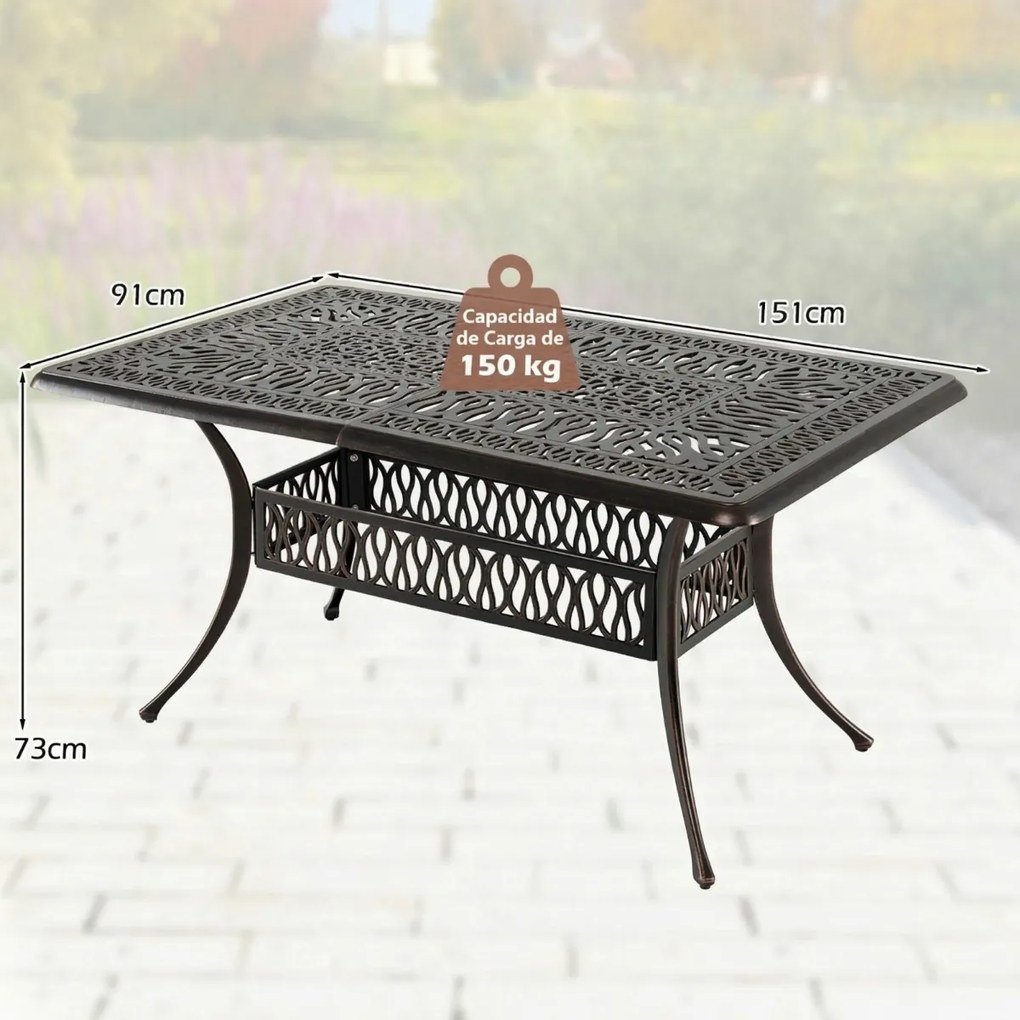 Mesa de jardim de exterior retangular 151 x 91 x 73 cm em alumínio fundido com orifício para guarda-sol de 5 cm, estilo vintage