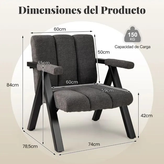 Poltrona lounge acolchoada com braços e estrutura em metal moderna Cinza + Preto