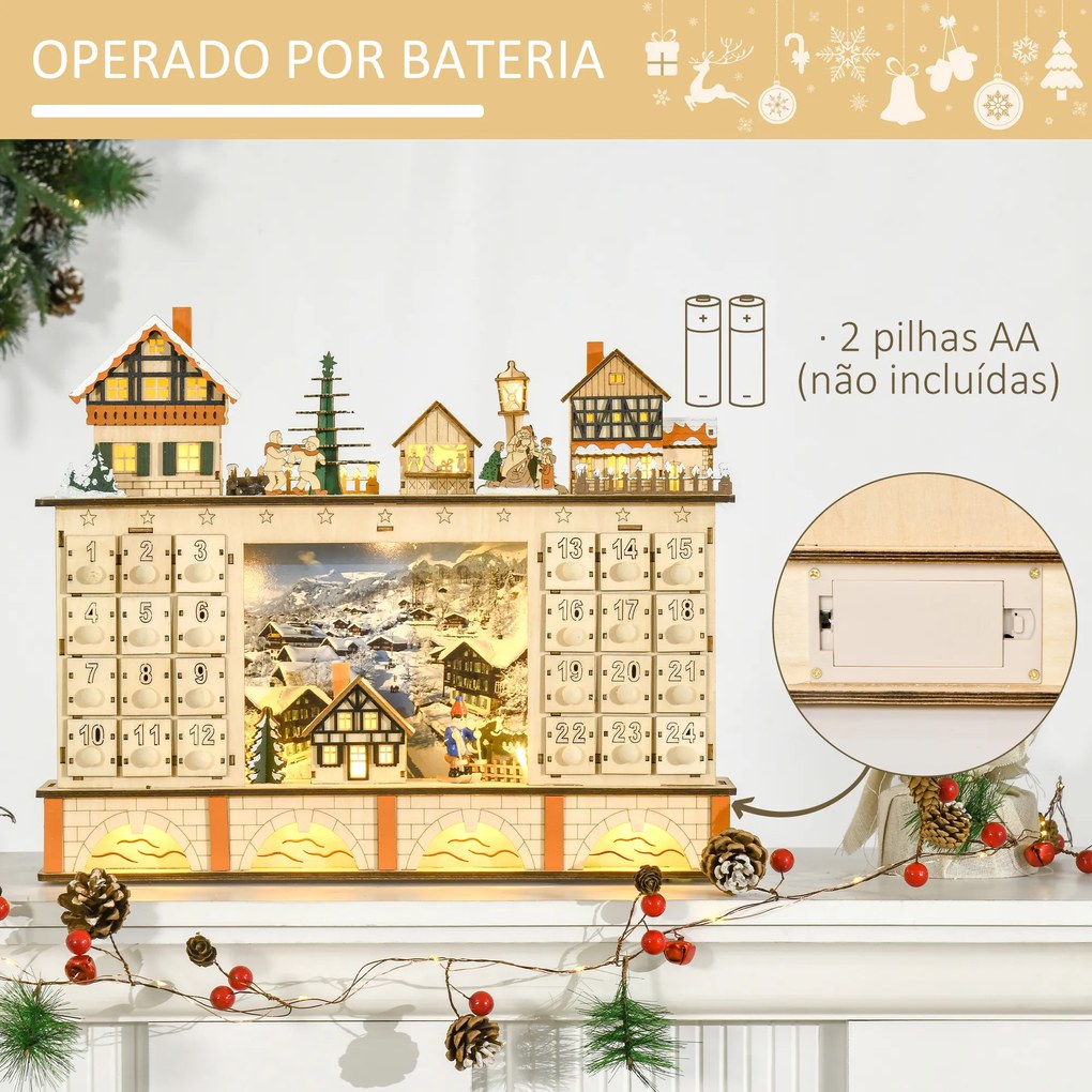 HOMCOM Calendário de Advento Calendário de Advento de Madeira com Luzes e 24 Gavetas de Contagem Regressiva Decoração de Natal 44x10x37 cm Madeira