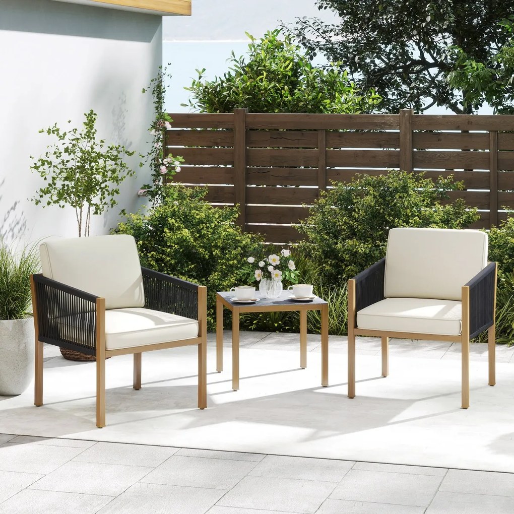 Conjunto Jardim de 3 peças de mobiliário de exterior em corda trançada com almofadas, para terraço, jardim ou varanda Castanho, preto e bege