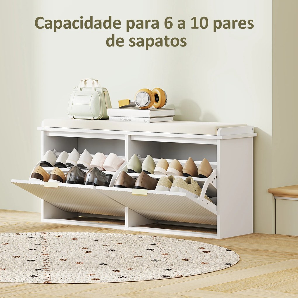 Banco Sapateira Móvel Sapateira Estreito com Assento Estofado 2 Caixas Rebatível e Painel de Ripas 104x26x47,5 cm Branco