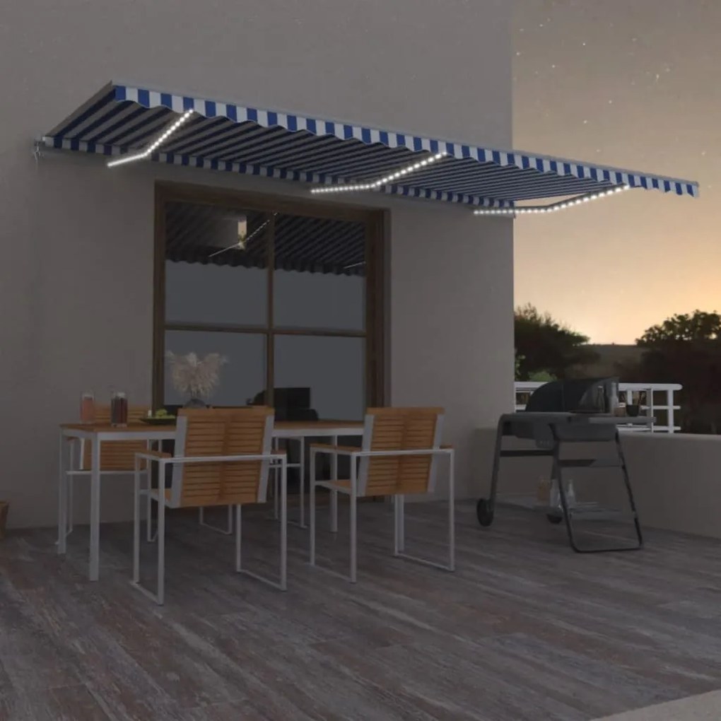 Toldo retrátil manual com LED 600x350 cm azul e branco