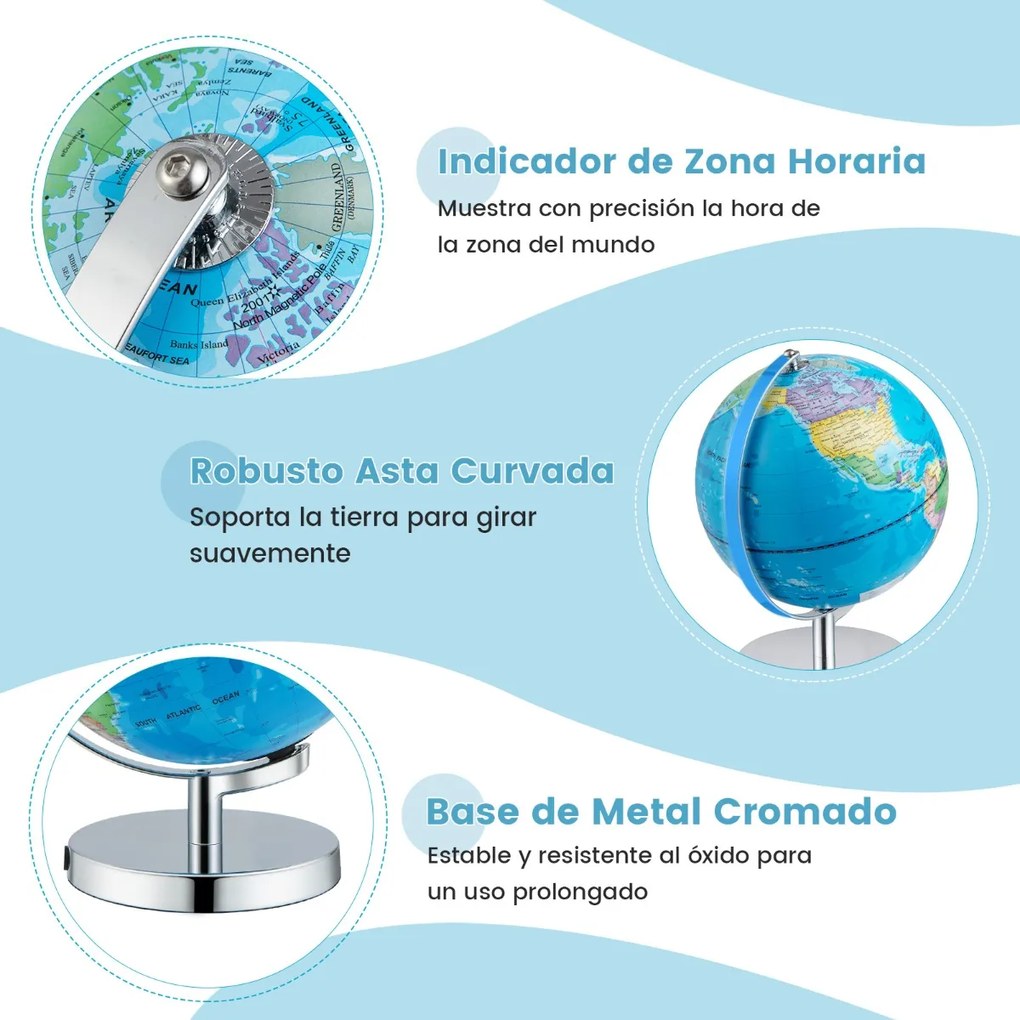 Globo terrestre 3 em 1 iluminado de 23 cm com 88 constelações, suporte metálico e mapa inglês para casa, escola e escritório Azul
