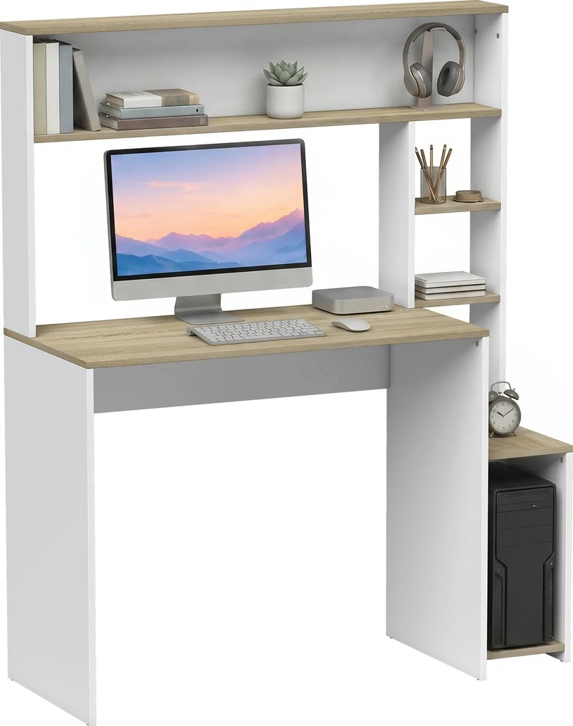 Secretária para computador, 114 x 45 x 138 cm, secretária com arrumação, prateleiras abertas e suporte para o computador, branco e natural