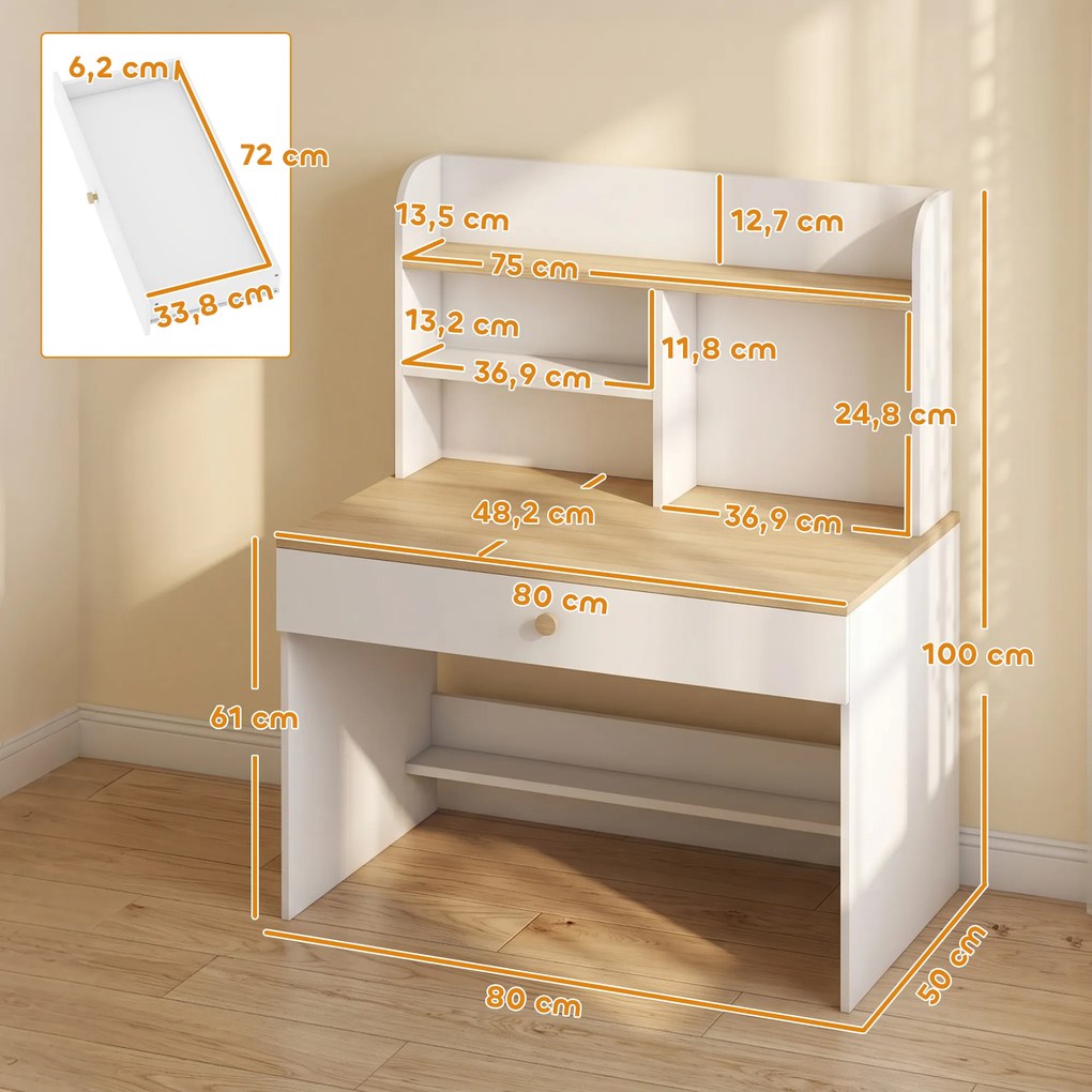 Secretária Infantil com Prateleira (CADEIRA NÃO INCLUIDA), 3 Compartimentos e Gaveta – Mesa de Estudo 80x50x100 cm, Branco, 3-8 Anos