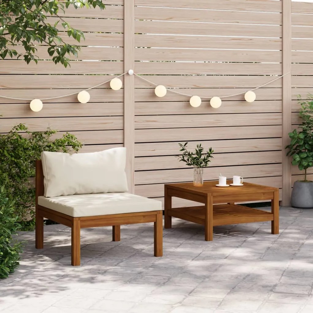 2 pcs conjunto sofás de jardim c/ almofadões branco nata acácia