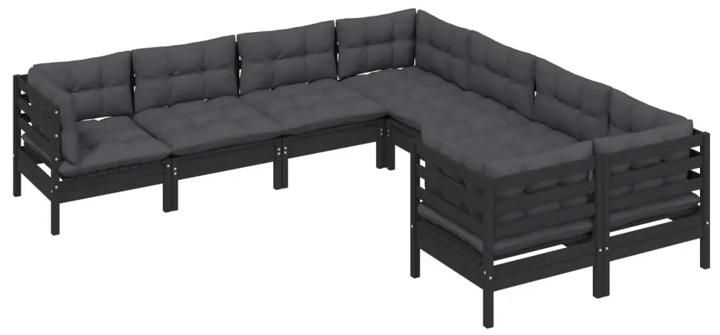 8 pcs conjunto lounge jardim c/ almofadões pinho maciço preto