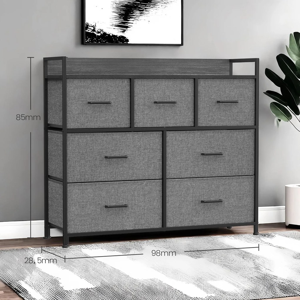Cómoda, armário, 7 gavetas em tecido com puxadores 28,5 x 98 x 85 cm cinza ardósia-cinza antracite