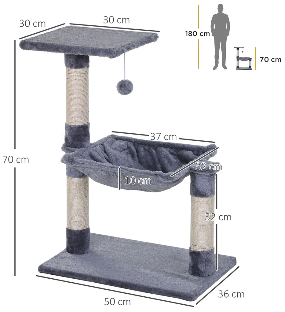 Árvore Arranhador para Gatos Torre para Gatos 50x36x70 cm com Rede Plataforma Poste de Sisal e Bola Suspensa Cinza