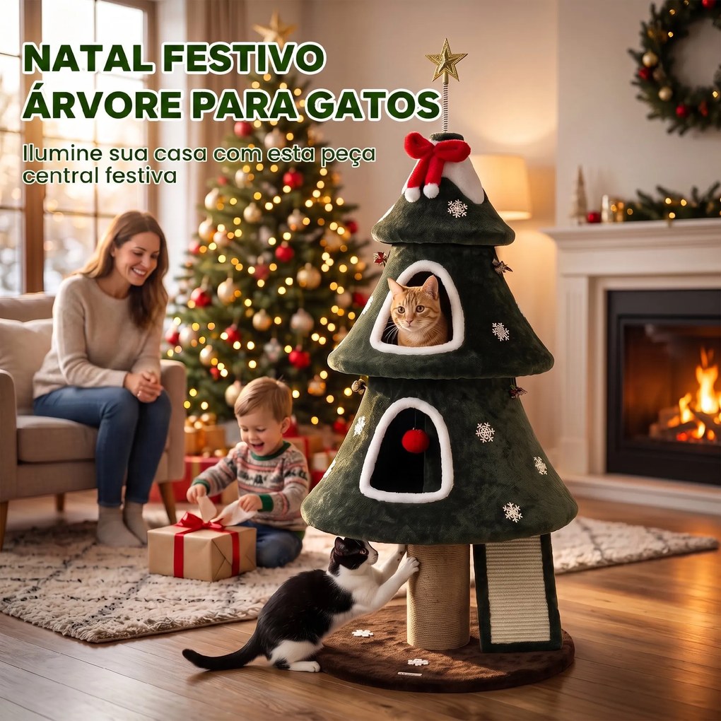 Árvore Arranhadora para Gatos 132 cm com 2 Casinhas, Design de Natal, Escada de Sisal, Verde