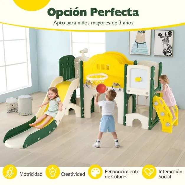 Conjunto de escorrega para crianças 10 em 1 Escalador com quadro magnético Telescópio Lançamento de aros Cesto Túnel Corredor amarelo