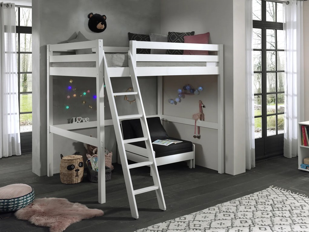 Conjunto Cama alta de Criança PINO 140 x 200 cm + estrado + escada + sofá-cama Branca