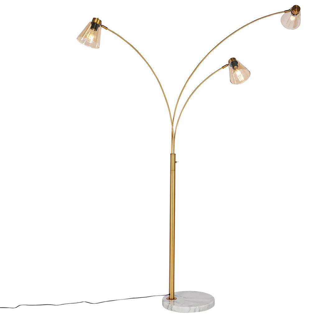 Candeeiro de Arco Bronze com Mármore e Vidro Âmbar 3 Luzes - Nina Art Deco