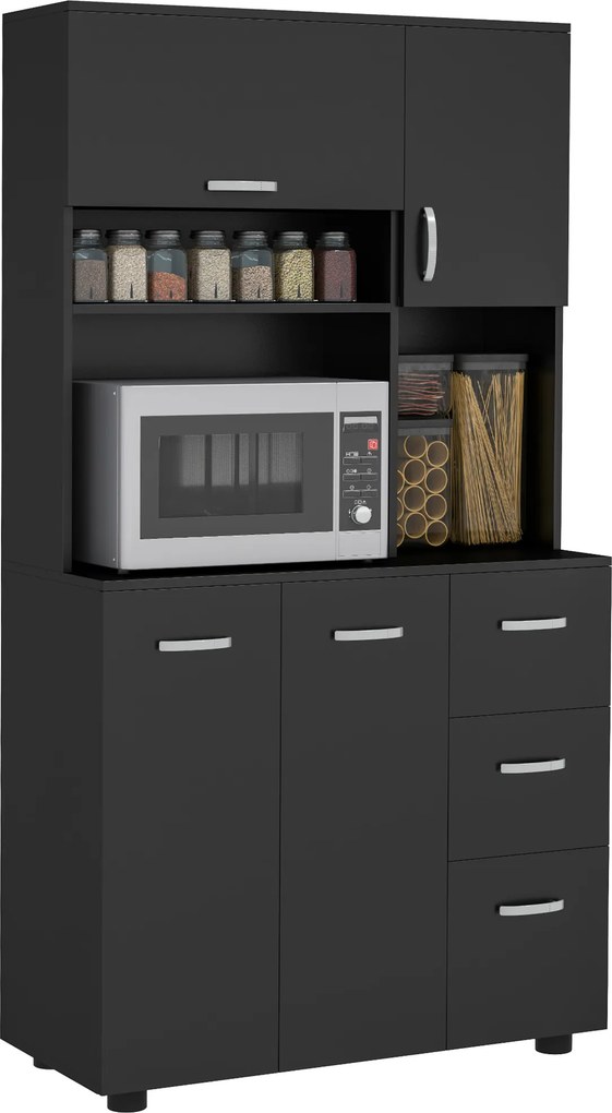 Armário de cozinha com vários compartimentos, 4 portas, 3 gavetas, prateleira + tabuleiro grande, 89 x 39,5 x 168 cm, preto