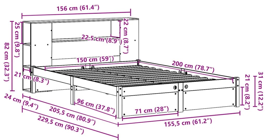Cama com estante sem colchão 150x200 cm pinho maciço branco