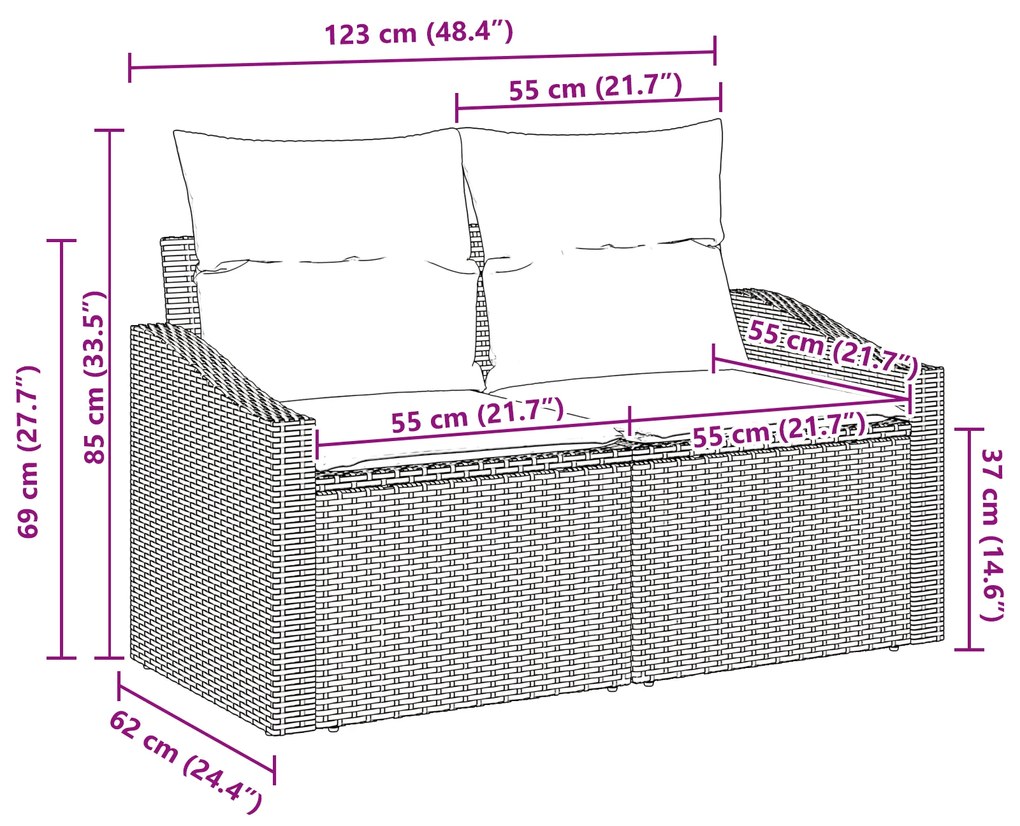Sofá de Jardim 2 Lugares com Almofadas Preto em Rattan Sintético