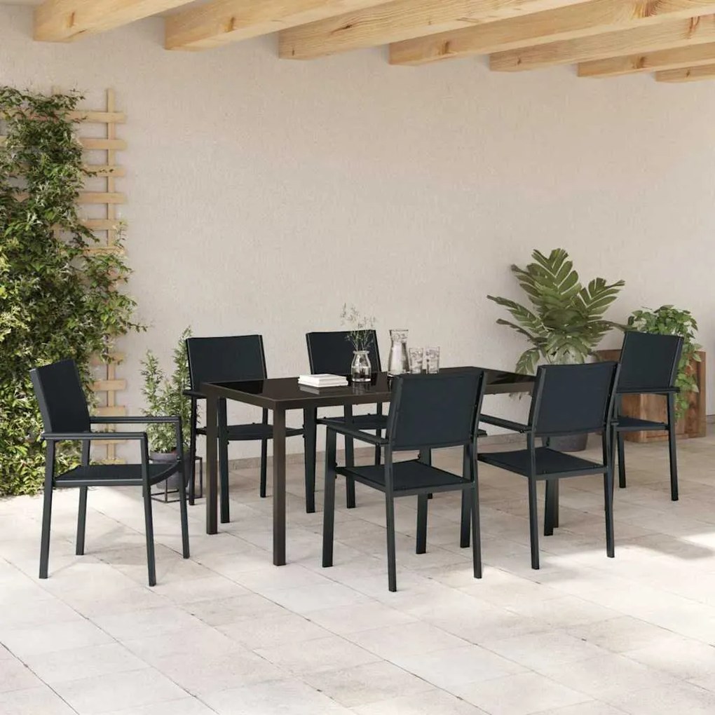 Conjunto de Jantar de Jardim 7 Peças em Rattan e Poliéster Preto.