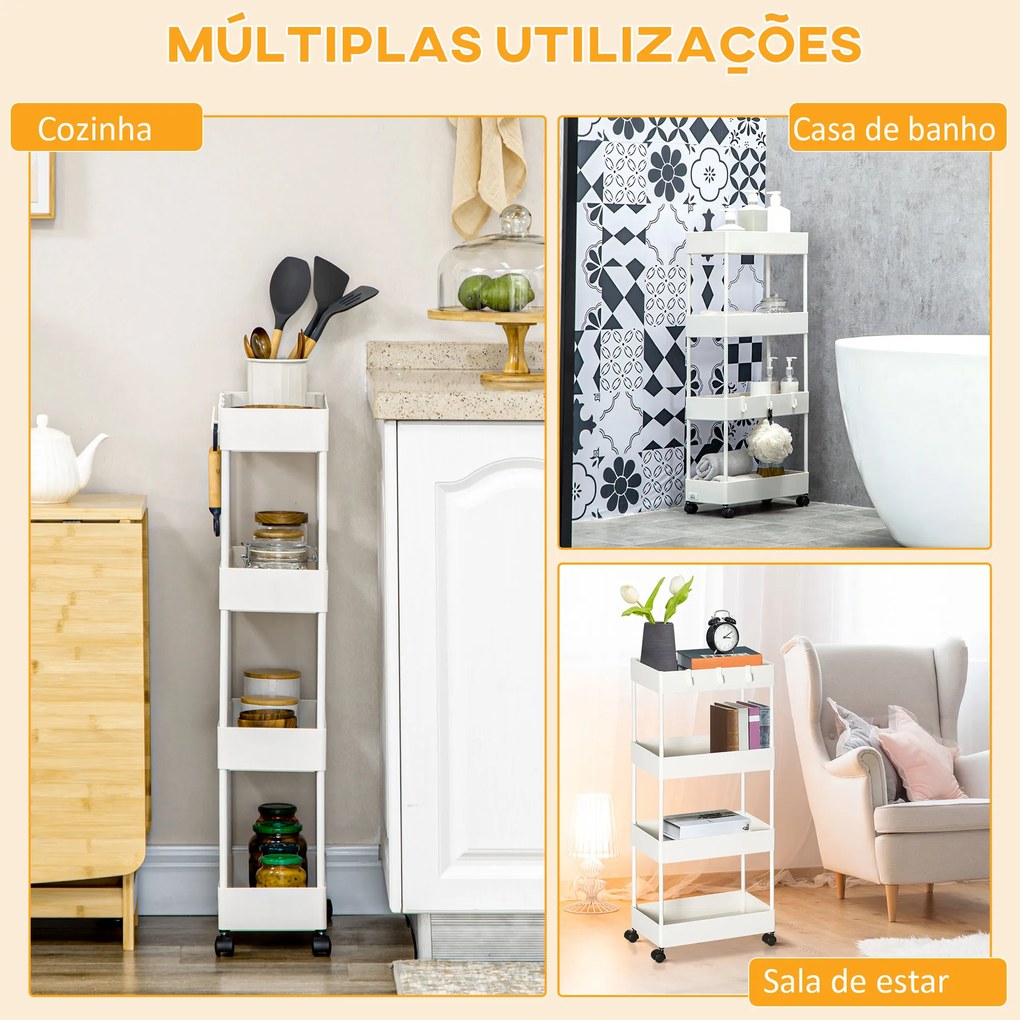 Carrinho Auxiliar com Rodas Carrinho de Armazenamento com 4 Cestas e 4 Ganchos Amovíveis 40x19x90 cm Branco