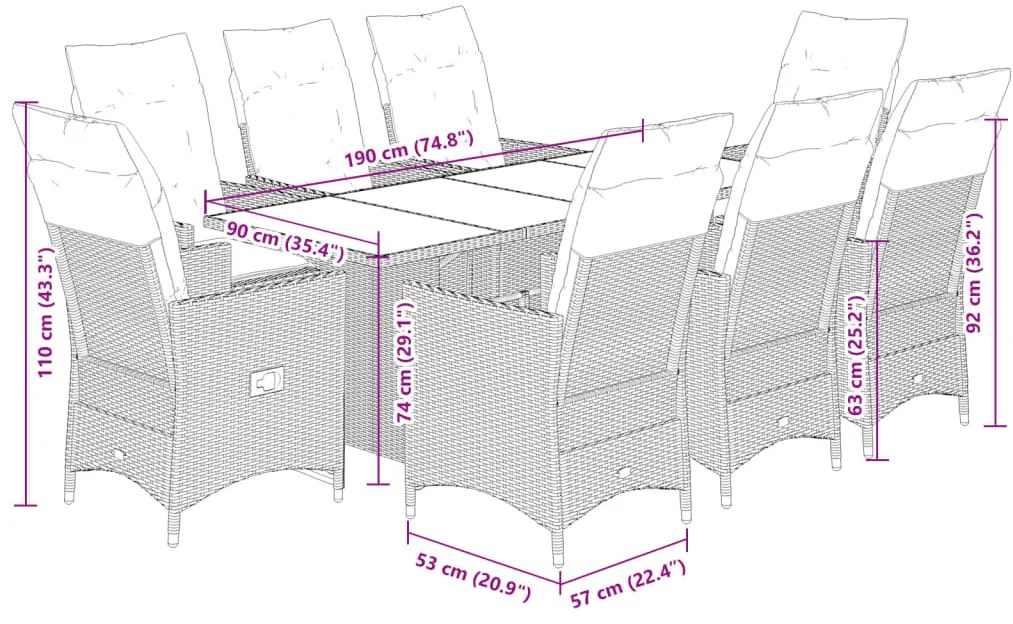 9 pcs conjunto de jantar p/ jardim com almofadões vime PE bege