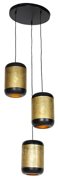 Candeeiro de suspensão vintage preto com latão redondo 3 luzes - Kayleigh