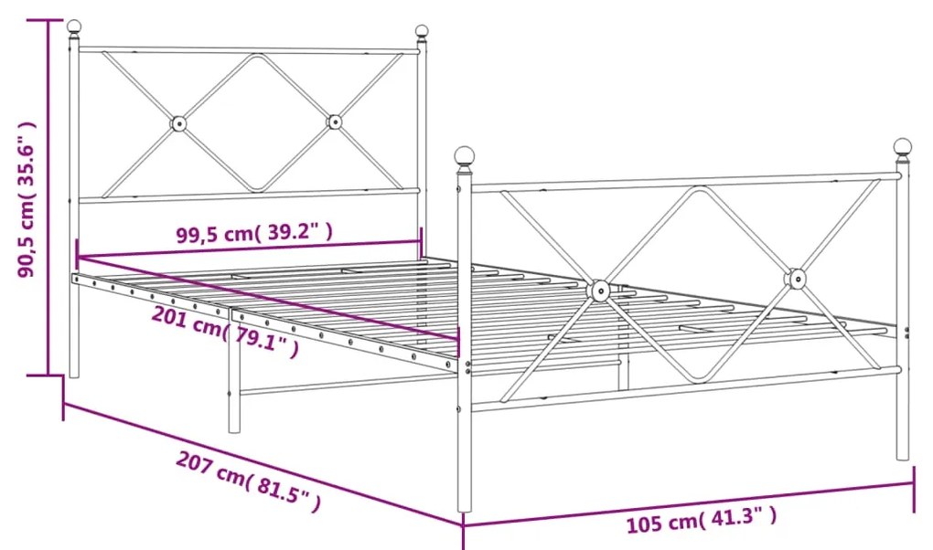 Estrutura de cama com cabeceira e pés 100x200 cm metal branco