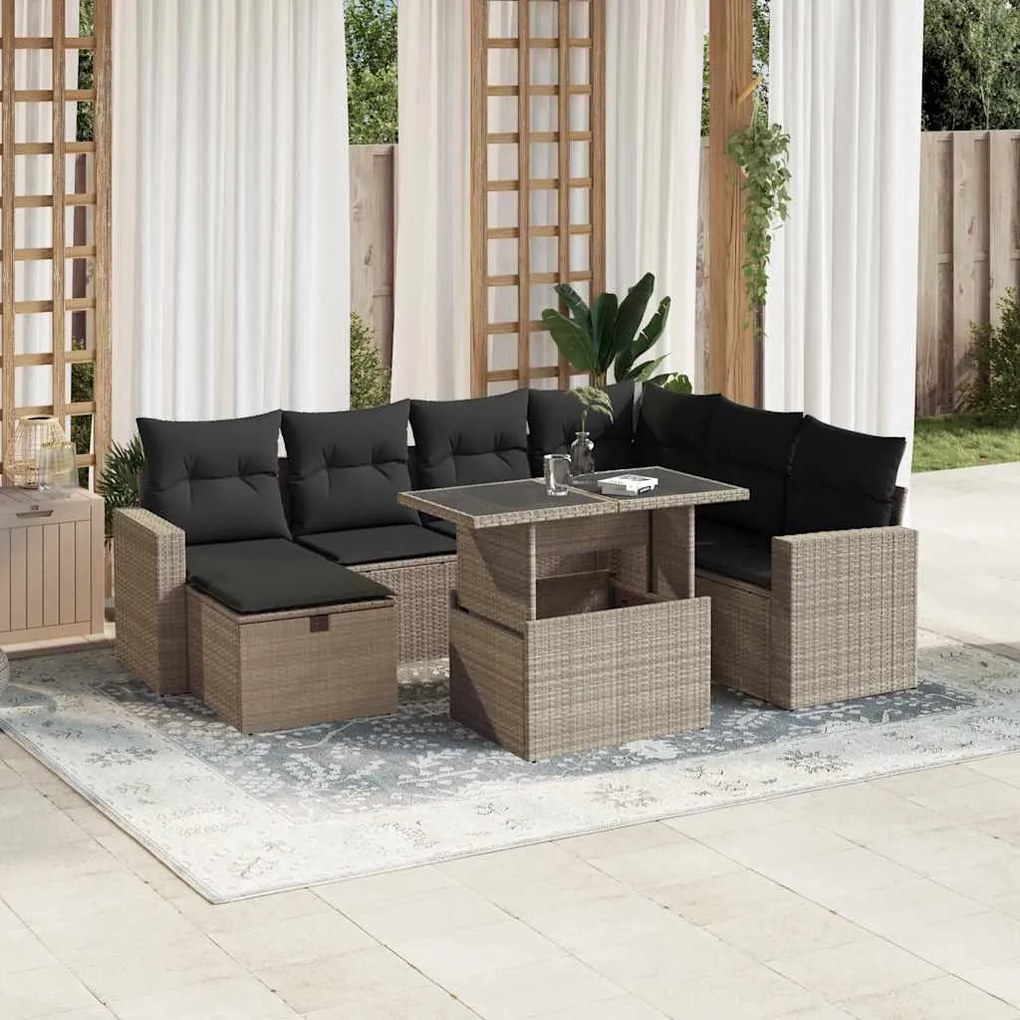 8 pcs conj. sofás jardim c/ almofadões vime PE cinzento-claro