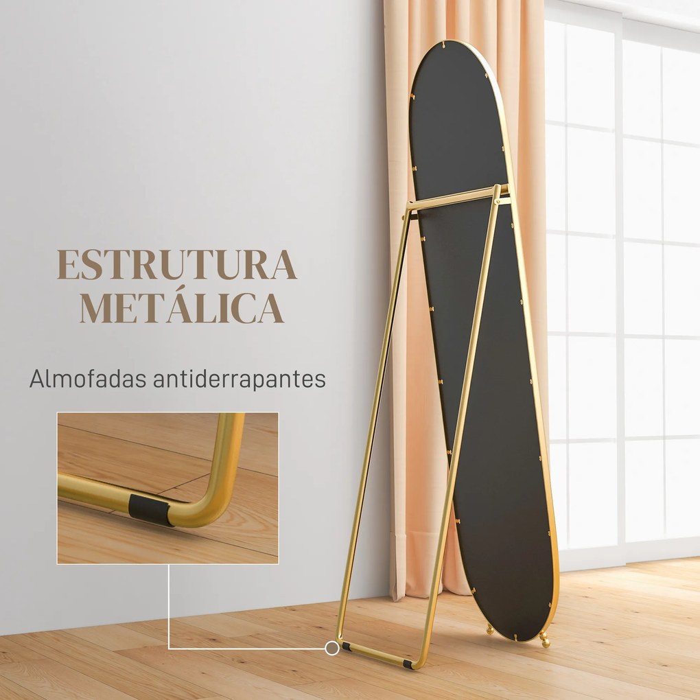 Espelho de Pé Oval 160x40 cm Espelho de Corpo Inteiro com Moldura Metálica Suporte e 2 Formas de Utilização Dourado