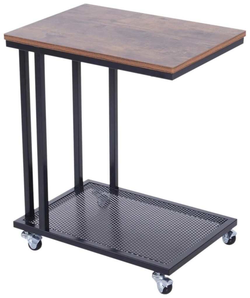 HOMCOM Mesa Lateral mesa Auxiliar com Rodas para Sofá Sala de Estar Dormitório Estilo Industrial Retrô Metal e Madeira 51x36x65cm Madeira e Preto