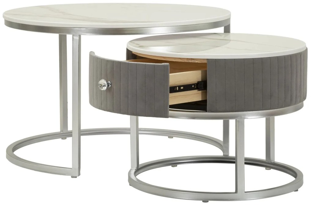 CONJUNTO DE MESAS DE CAFÉ CINZENTAS 2 PEÇAS CM Ø 70X45-50X40 CINZA E PRATA