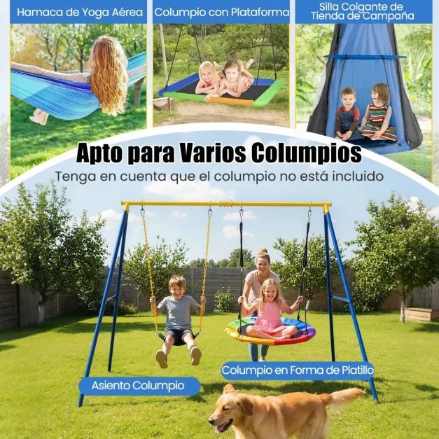 Conjunto de estrutura metálica para baloiço com capacidade para 250 kg, incluindo 2 baloiços elásticos e um disco voador, para jardim, pátio ou espaço