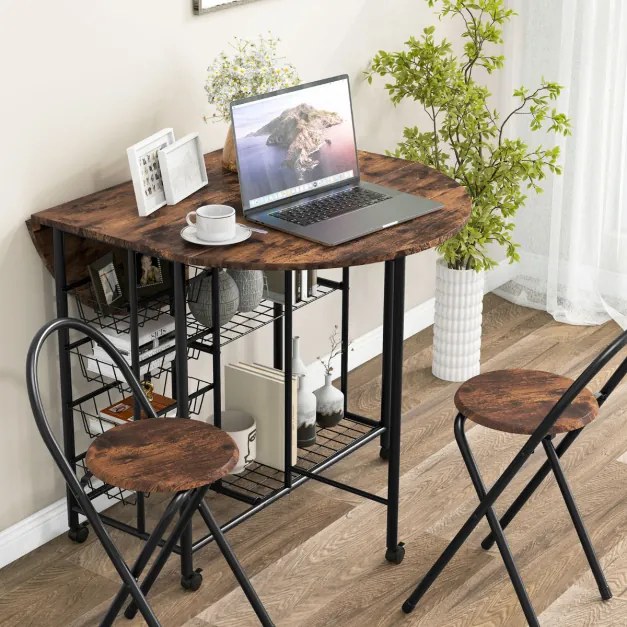 Conjunto de mesa e cadeiras dobráveis de 3 peças, mesa dobrável versátil com 2 prateleiras, 2 bancos para cozinha, sala de jantar, bar, Castanho Esc