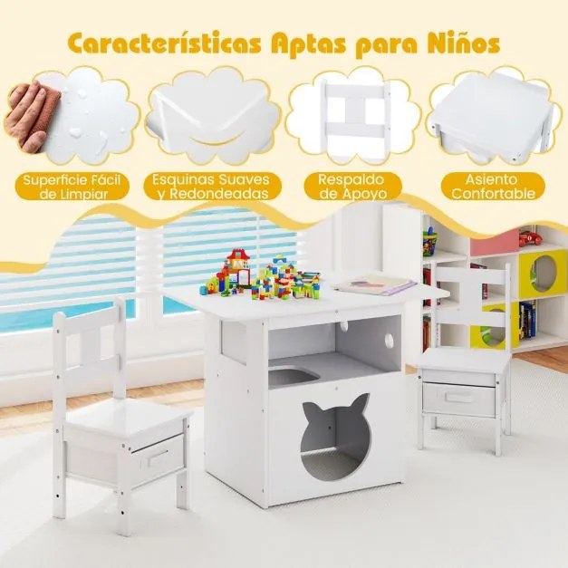 Conjunto de mesa e cadeiras infantil 2 em 1 com casinha para gatos e janela transparente. Inclui cubos de tecido para crianças com mais de 3 anos. Bra