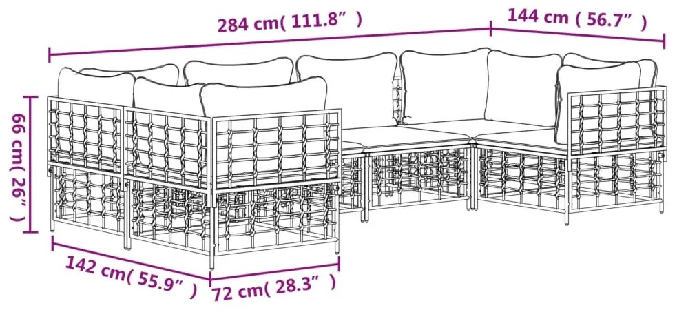 6 pcs conjunto lounge de jardim c/ almofadões vime PE antracite