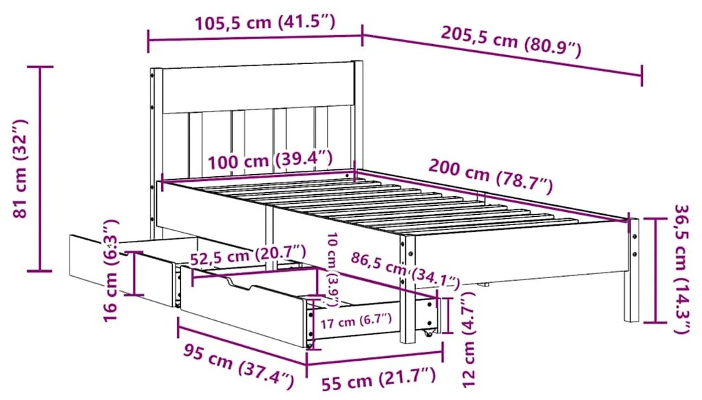 Cama sem colchão 100x200 cm madeira de pinho maciça branco