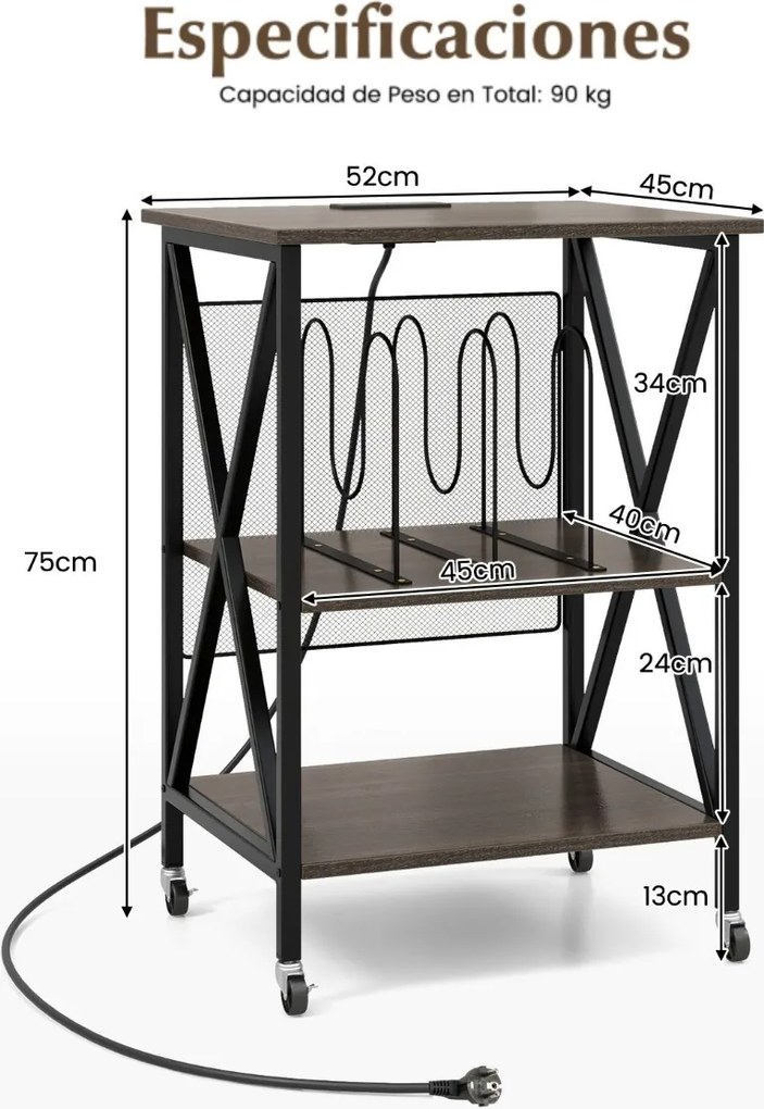 Mesa de apoio com estrutura metálica e divisórias de apoio com estação de carregamento integrada 52 x 45 x 75 cm Cinzento