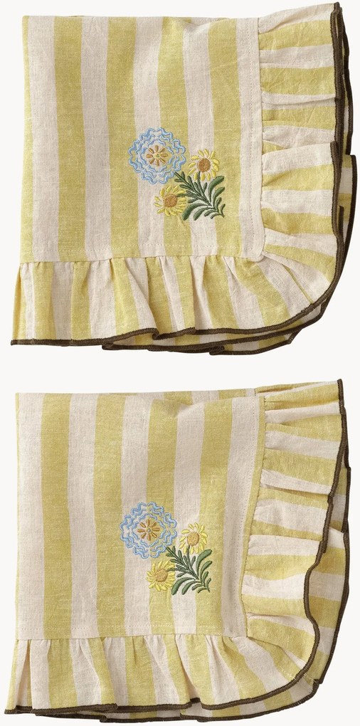 Guardanapos às riscas com motivos bordados e folhos Elly, conjunto de 2