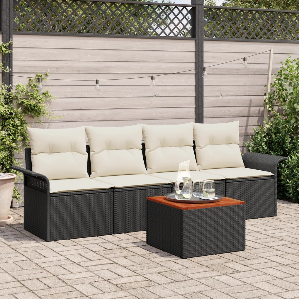 vidaXL Conjunto de Sofá de Jardim 5 Peças com Almofadas Preto Vime PE Acácia