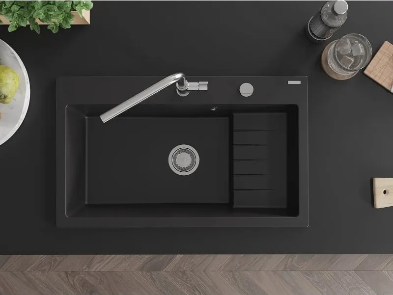 Mexen Omar lava-louça de granito com 1 cubas 800 x 480 mm, preto, sifão de cromado - 6520801005-77