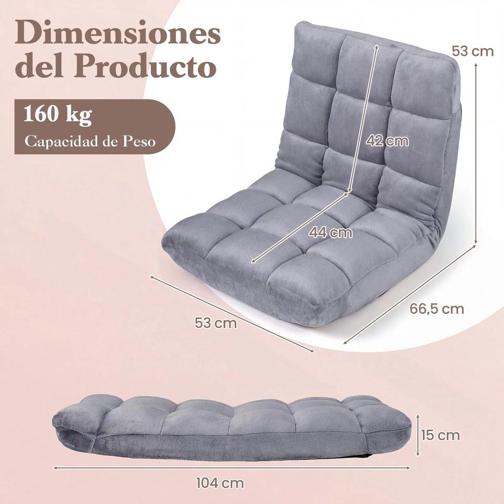 Cadeira de Chão Dobrável, 104 x 53 x 15 cm, Encosto Ajustável em 14 Posições, Cinzento
