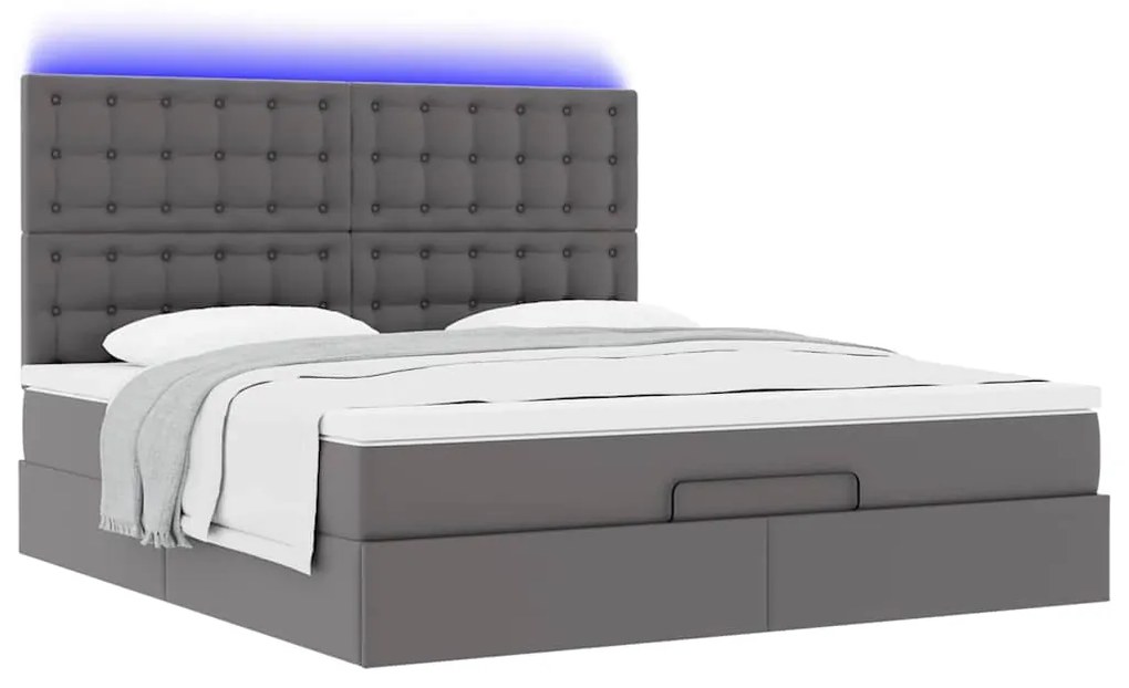 Estrutura de cama otomana com colchão cinza couro falso
