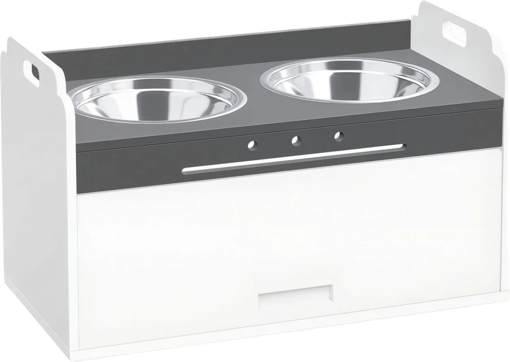 PawHut Comedouro Elevado para Cães com Armário de Armazenamento, 2 Tigelas com Anéis Antiderrapantes, 60 x 30 x 35,5 cm, Branco | Aosom Portugal